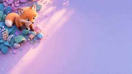 Naklejka premium Adorable red fox cub nestled among pastel leaves, mushrooms, and flowers on a soft lavender background, sipping from a tiny cup in a whimsical sunlit woodland illustration