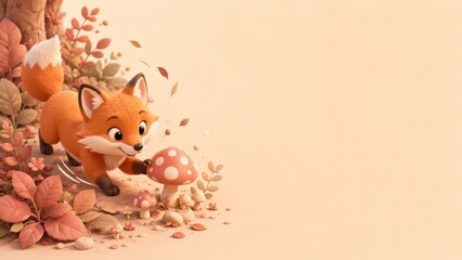 Naklejka premium Adorable cartoon fox exploring an autumn forest floor among spotted mushrooms and fallen leaves beside a tree trunk, surrounded by warm pastel foliage and pebbles