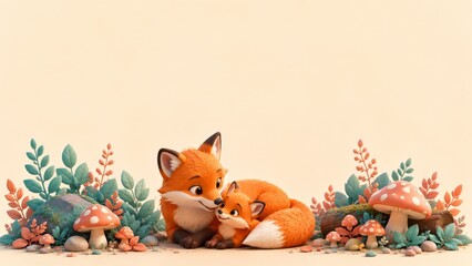Naklejka premium Illustrated scene of a parent fox and playful fox kit nestled together among whimsical mushrooms, stones, and pastel foliage on a warm cream background