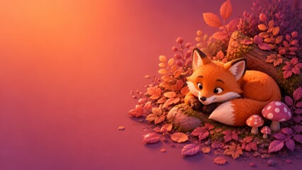 Naklejka premium Adorable red fox curled into a fluffy tail, resting on a mossy forest floor surrounded by autumn leaves and mushrooms, bathed in warm golden sunset light and whimsical charm