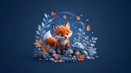 Naklejka premium Charming stylized illustration of an adorable fox kit in a magical woodland clearing, surrounded by blue foliage, autumn leaves, mushrooms, glowing sparkles, and whimsical details