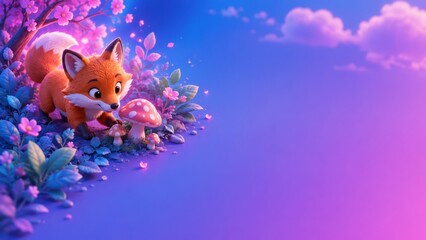 Naklejka premium Charming young fox kit exploring a glowing pink mushroom among lush flowering plants and leaves in a pastel twilight woodland scene, whimsical magical atmosphere with soft clouds