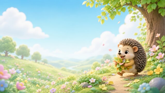 Adorable cartoon hedgehog holding a small bouquet of flowers and leaves while walking along a sunlit meadow path beneath a blossoming tree, with rolling hills and a clear blue sky.