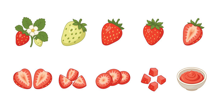 Strawberry fruit illustration set featuring whole strawberry, strawberry halves, slices, pieces, and strawberry based food elements
