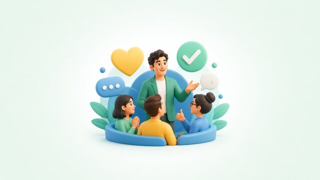 Animated illustration of a presenter leading a small team in a collaborative discussion with speech bubbles, positive feedback icons, checkmark and heart, engagement and teamwork