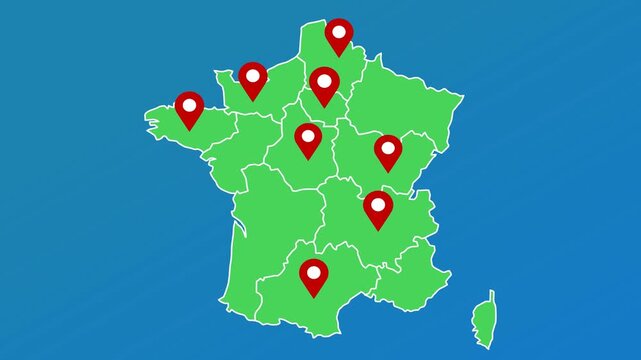 Animated France Regional Map: Expanding Network of Red Location Pins