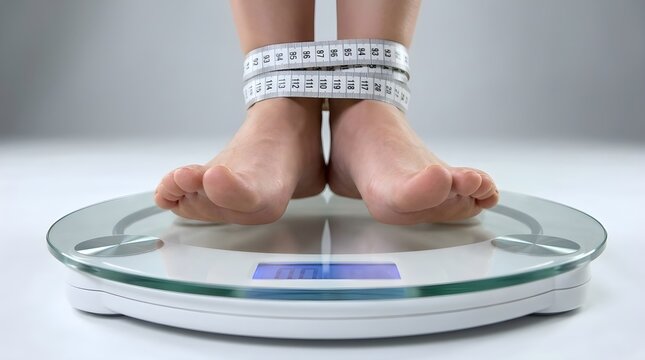 Bare feet on digital bathroom scale with ankles wrapped in measuring tape for weight loss concept