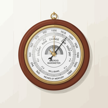Vintage Wooden Aneroid Barometer Wall Mounted Instrument for Measuring Atmospheric Pressure and Weather Forecasting