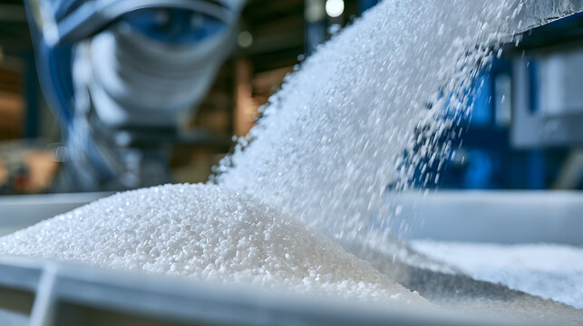 White plastic polymer pellets pouring from an industrial machine into a large storage container in a manufacturing facility