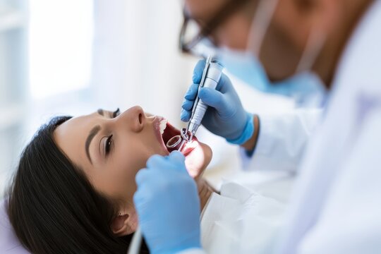 Dentist performing a professional dental procedure on a female patient in a clinic.