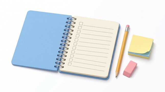 Open spiral notebook with checklist pencil eraser and sticky notes on white background.