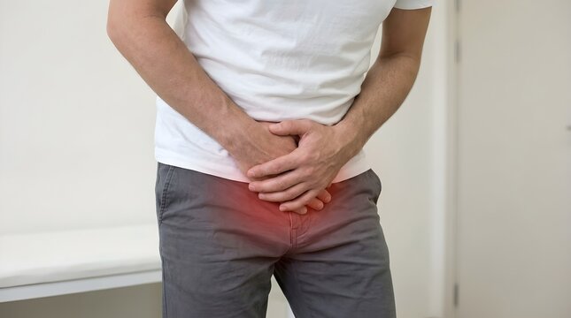 Man holding groin area suffering from pelvic pain or bladder infection symptoms