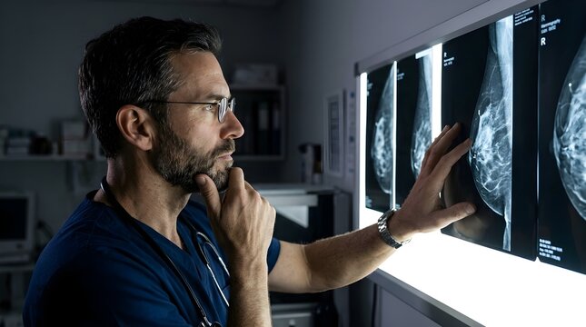 Serious male radiologist examining mammogram x-ray films on a light box in a dark clinical room.