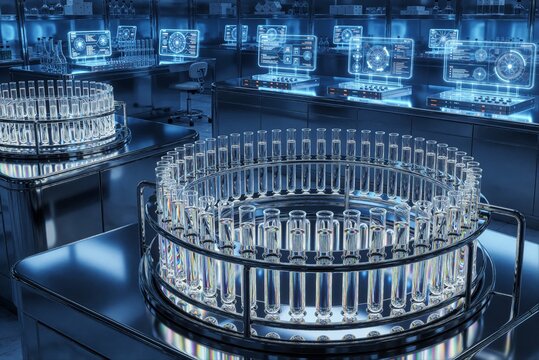 Futuristic High Tech Laboratory with Automated Test Tube Racks and Digital Holographic Interfaces