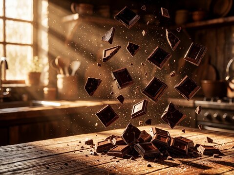 Explosion of Dark Chocolate Pieces Floating in a Rustic Kitchen with Warm Sunlight