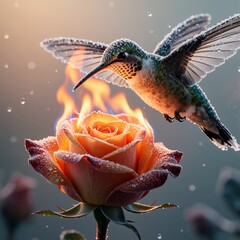 Naklejka premium Surreal Concept of a Hummingbird Hovering Over a Burning Rose with Dew Drops
