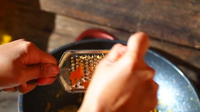 Close-up of hands grating orange spice into cooking pan