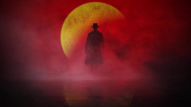 Gunslinger Silhouette with Red Full Moon 4K features the silhouette of an old west gunslinger walking toward the viewer in a red foggy atmosphere with a yellow setting sun in the background.