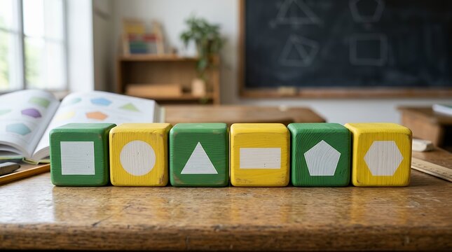 Set of six painted timber cubical blocks positioned in an alternating green and yellow color arrangement highlighting educational geometry concepts six painted wooden blocks arranged alternating