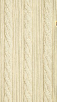 Close up of cream colored wool knit textile with vertical cable knit pattern texture.