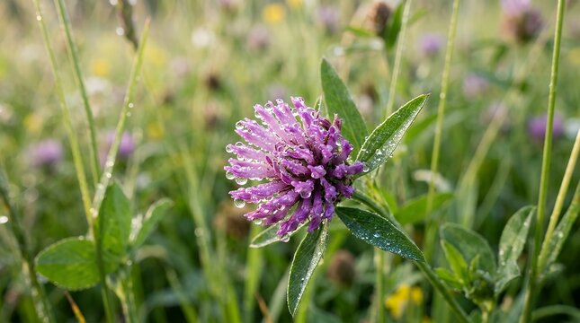 Detailed Close Up View of Wild Meadow Bloom Adorned with Dew Drops reflecting Light wildflower flower bloom blossom macro close up dew droplets water drops rain drops nature natural botanical flora