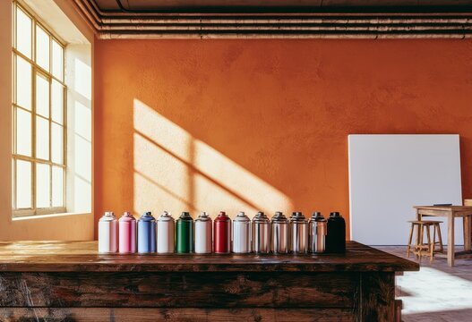 Row of colorful spray paint cans on a wooden table in a bright artist studio workspace
