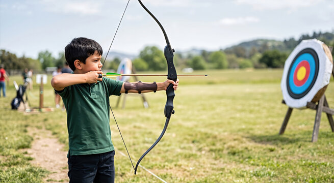 Young Latino boy aiming archery bow at a colorful round target. Focused child practicing shooting with arrow in an outdoor grassy field