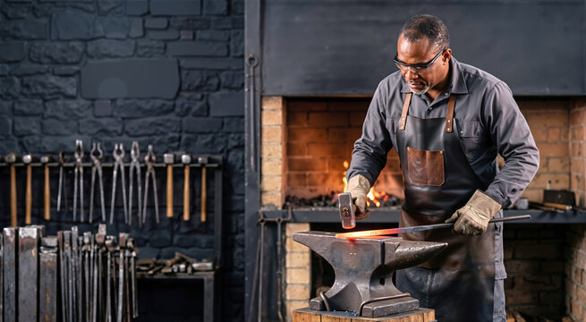 Black blacksmith hammering glowing hot orange iron on an anvil in a workshop. Male craftsman working in a dark brick forge with traditional tools