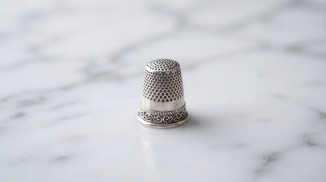 Antique silver sewing thimble with ornate scrollwork on white marble background, close up macro shot