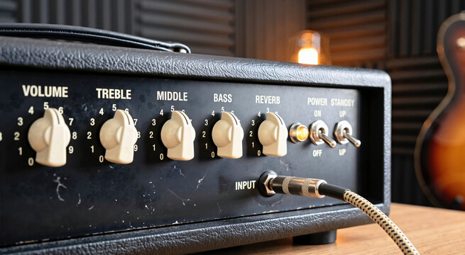 Close up of a black guitar amplifier control panel with cream knobs. Vintage audio equipment with input cable in a recording studio