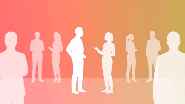 A modern 3D illustration showing glowing white figures of businesspeople engaged in conversation against a warm orange gradient background. Perfect for recruitment agency promos, corporate culture pre