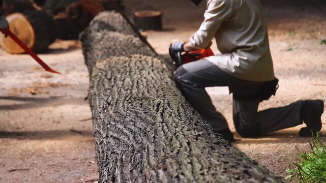 Lumberjack woodcutter team with chainsaw cutting a massive tree in the forest, logger brigade sawing and chopping firewood timber trunk on sawmill, thinning crew at work, fallen tree after the storm