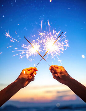 Hands holding sparklers against blue evening sky, creating bright sparks above calm ocean horizon and colorful sunset, festive celebration scene with joyful energy