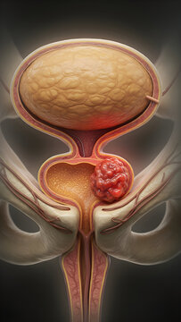 Prostate cancer tumor pressing on bladder and urethra in male anatomy