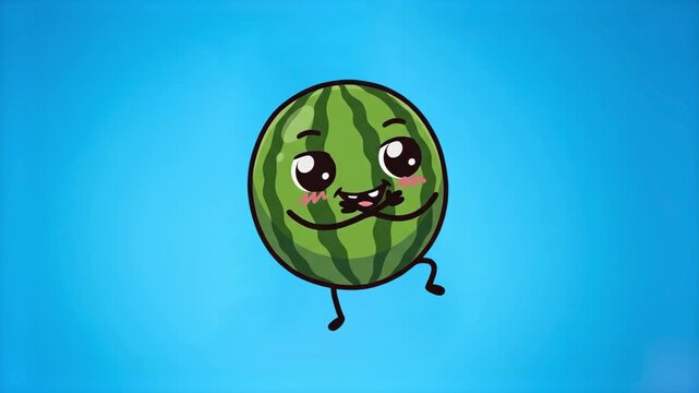 An adorable round watermelon character with cute eyes and smile dancing cheerfully against a sky blue backdrop. Ideal for kids educational videos, fruit juice ads, summer promotions, and playful anima