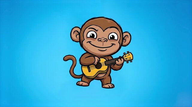A cheerful cartoon monkey character smiling while playing a small acoustic guitar or ukulele on a bright blue backdrop. Perfect for children's music videos, nursery rhyme animations, educational apps,