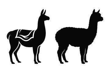 Naklejka premium Llama and alpaca animal silhouettes with saddle and pack silhouette wildlife