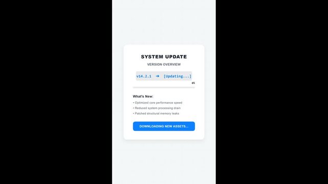 Mobile Phone System Update Screen Showing Version Percentage Loading Bar Progress and Successful Installation Prompt, Vertical UI Animation