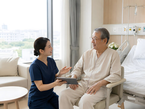 Older Asian man sitting upright in a hospital chair while a nurse encourages normal daytime wakeful activity