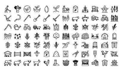 Obraz premium Complete Indian Agriculture Line Icon Pack with Farming Tools Crops Livestock Harvest and Rural Elements