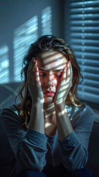 Woman having headache, suffering from migraine pain and stress