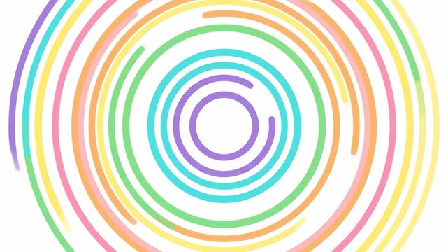 An energetic abstract background displaying concentric colorful circular rings and arching lines in rainbow pastel tones over a white backdrop. Great for creative design projects, artistic branding, c