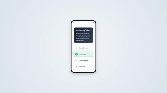 Culinary Trivia Multiple Choice App Question UI Animation Smartphone Mockup