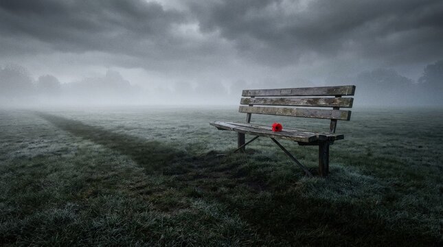 Remembrance Day Silent Tribute with Red Poppy on Empty Park Bench