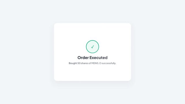 Financial Stock Trading App Interface with Candlestick Chart and Successful Buy Order Execution Notification, Minimal Vector Animation Loop