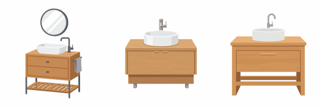 Set of modern wooden bathroom vanity cabinets with white sinks