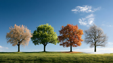 Fototapeta premium Trees in four seasons of the year - spring, summer, autumn and winter with clean blue sky background