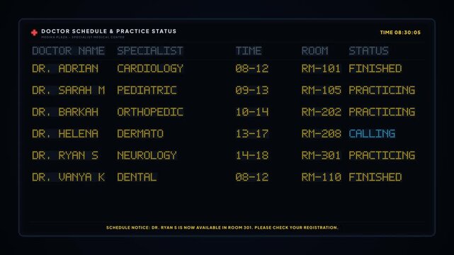 Digital Hospital Doctor Practice Schedule LED Screen UI Monitor Graphic
