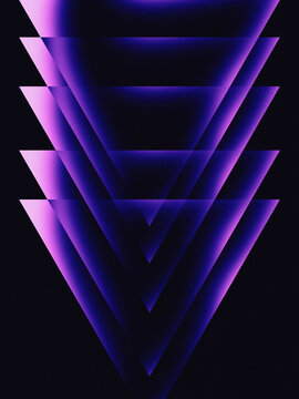 Nested glowing purple triangles on dark background creating a retro futuristic abstract pattern for posters. Hand crafted digital abstract background.