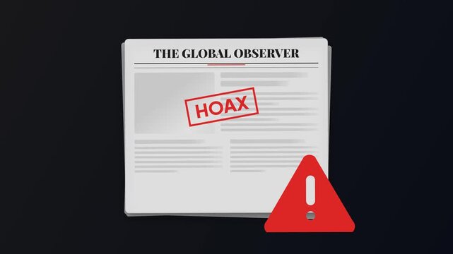 Newspaper Hoax Stamp with Red Warning Triangle Icon Graphic